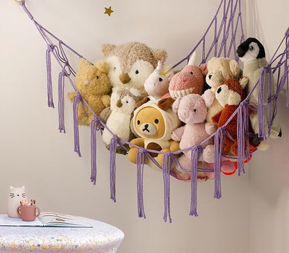 Stuffed Animal Storage Hammock or Net - Toy Hammock Net for Stuffed Animals Corner - Hanging Stuff Animal Organizer Holder Ideas for Plush Plushie - Purple Kids Baby Nursery Wall Bedroom Room Decor