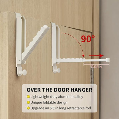 Over The Door Drying Rack, Foldable Portable Over The Door Hooks Hanger with Retractable Hanging Rod, Over The Door Clothes Drying Rack Equipped with Non-Slip Pads for Door Protecter (2, Milky White)
