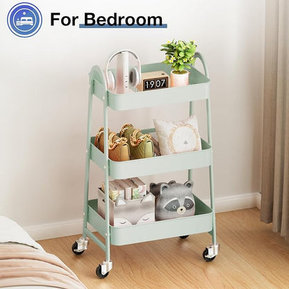OLIXIS 3 Tier Utility Rolling Cart with Lockable Caster Wheels, Metal Mobile Storage Shelf, Organization for Livingroom, Bathroom & Narrow Places, Pale Green
