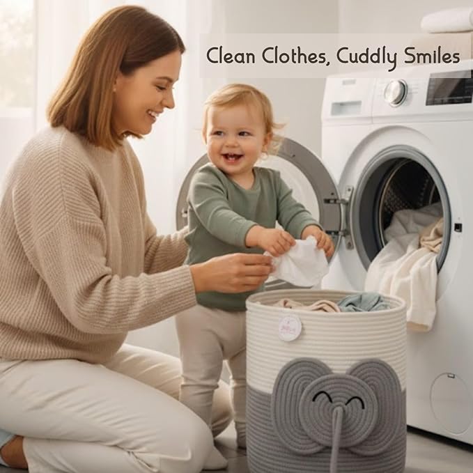 Large Laundry Basket for Kids & Toy Storage Organizer | Woven Cotton Rope Bin for Stuffed Plushies | Cute Elephant Animal Design Hamper with Cutout Handles for Nursery, Playroom & More (Elephant)
