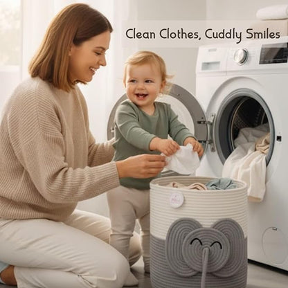 Large Laundry Basket for Kids & Toy Storage Organizer | Woven Cotton Rope Bin for Stuffed Plushies | Cute Elephant Animal Design Hamper with Cutout Handles for Nursery, Playroom & More (Elephant)