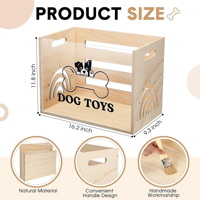 Large Dog Toy Basket Dog Toy Box Wooden Storage Bin with Acrylic Board Storage Box for Puppy Toys Pet Food and Accessories Organizer Holder Basket for Living Room Area(Wood, Dog)