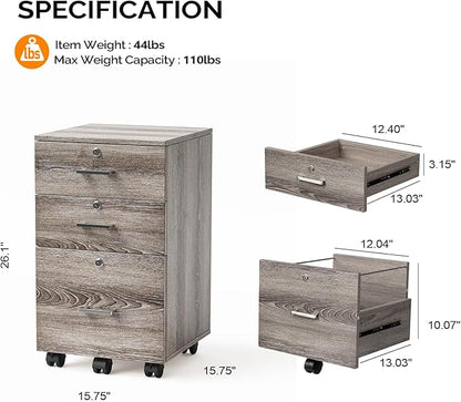 VINGLI 3-Drawer File Cabinet with Lock, Wood Rolling Filing Cabinets for Home Office, Mobile Printer Stand, Under Desk File Organizer for Letter Sized Files, 26" H(Caster Included),Gray Oak