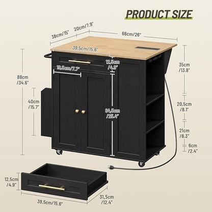 Kitchen Island with Storage, Rolling Kitchen Table with Drop Leaf, Charging Station, 3 Open Adjustable Shelf & Drawer, Towel Rack, Mobile Kitchen Cart for Dining Room, Black and Natural