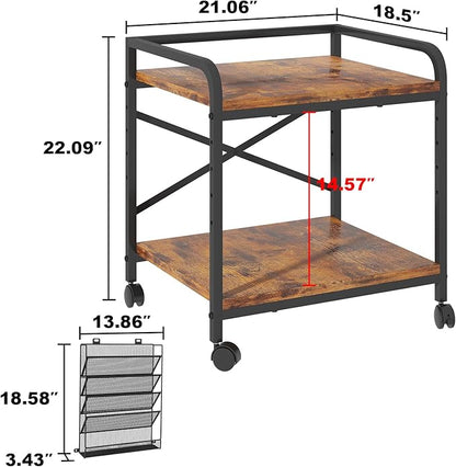 EasyCom Large Printer Stand with File Holder Organizer, Adjustable Height Shelf with Wheels, Rolling Printer Cart with Storage for Printer Scanner Fax Home Office Use Rustic Brown
