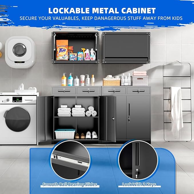 INTERGREAT Metal Garage Storage Cabinets with Lock,Steel Storage Cabinet with 2 Doors and 2 Adjustable Shelves, Small Lockable Office Steel Cabinet for Home, Warehouse, School(Black)