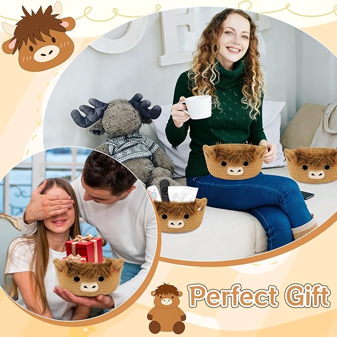 3 Pack Small Highland Cute Cow Storage Baskets for Organizing,Woven Decorative Gift Basket, Nursery Shelves Rope Cotton Storage Bins for Gifts Empty, Mini Burr Baby Shower with Handles,7 IN