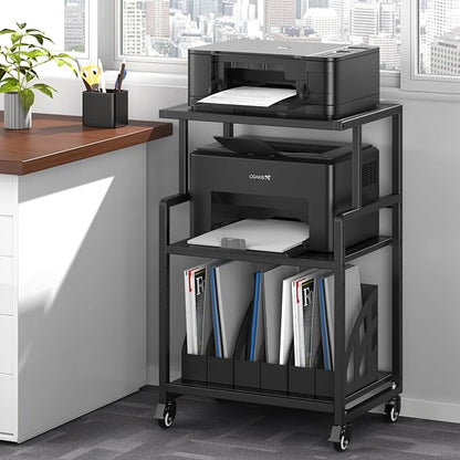 Printer Stand, 3 Tier Mobile Printer Table for Home Office, 21.3 x 15.7 Inch Rolling Height Adjustable Storage Shelf, Printer Cart with Wheels for Heat Press Scanner Fax, Black