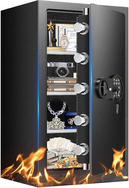 35Min Fireproof Safe, 6.5 Cubic Feet Home Safe Box with 3-Removable Shelf, Fire Safe with Digital Keypad, Smart Alarm and Silent Mode, Fire Proof Safe for Home Documents and Office