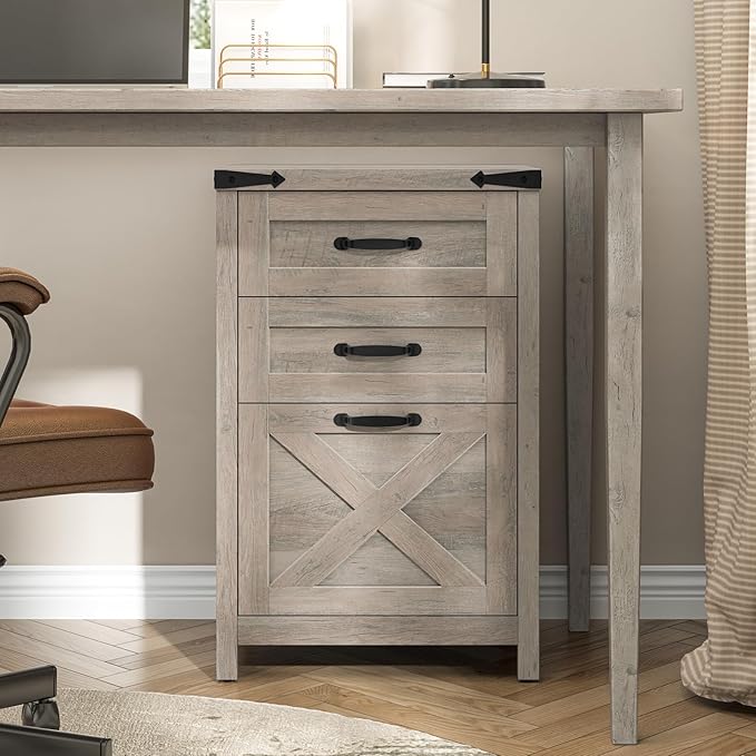 3 Drawer Small File Cabinet, Farmhouse Vertical Filing Cabinet Fits Letter and A4 Size, Under Desk Wooden File Cabinets for Home Office, Printer Stand, Grey