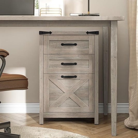 3 Drawer Small File Cabinet, Farmhouse Vertical Filing Cabinet Fits Letter and A4 Size, Under Desk Wooden File Cabinets for Home Office, Printer Stand, Grey