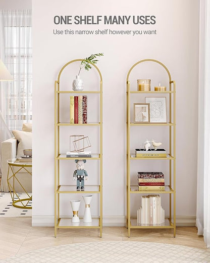 Bookcase Bookshelf, Tempered Glass Bookshelves, Slim Shelving Unit for Bedroom, Bathroom, Home Office, Steel Frame, 5 Tier Gold BC05001G