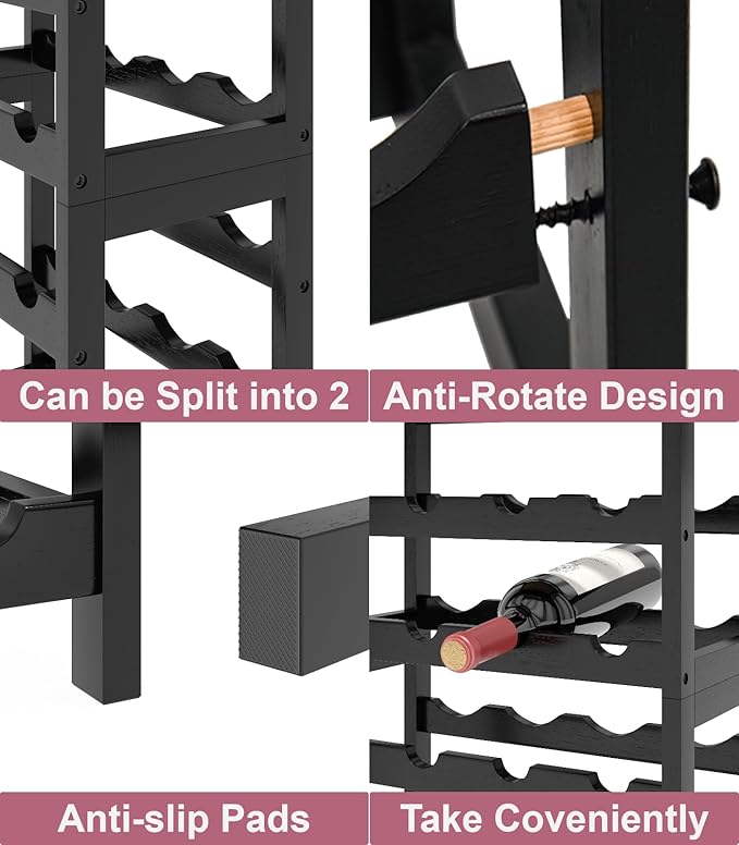 6 Tier Bamboo Wine Rack Freestanding Floor, 24 Bottles Wine Storage Shelves with Table Top, Stackable Wine Display Rack for Kitchen, Bar, Dining Room, Rustic Brown and Black