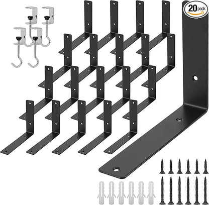 L Floating Shelf Brackets,20 Pack Heavy Duty L Brackets for Shelves, L 8" X H 6" Black Metal Countertop Support Brackets,Wall Mounting for Wood