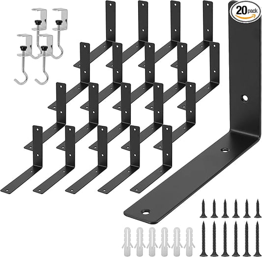 L Floating Shelf Brackets,20 Pack Heavy Duty L Brackets for Shelves, L 8" X H 6" Black Metal Countertop Support Brackets,Wall Mounting for Wood