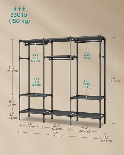 SONGMICS Clothes Rack,72 Inch Large Capacity Portable Closet, Heavy Duty Wardrobe Closet Organizer with Hanging Rails and Shelves, Total Load 330 lb, Easy Assembly, for Bedroom, Black URDR211B01