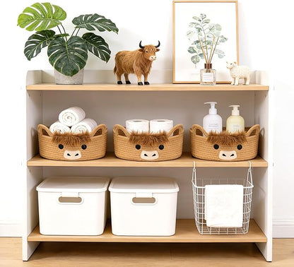 3 Pcs Oval Highland Cute Cow Basket for Nursery, Small Woven Rope Gift Basket, Soft Cotton Decorative Storage for Gifts Empty, Baby Shower Blanket 0rganizer Shelves Towel Bins, 12" D x 5" H