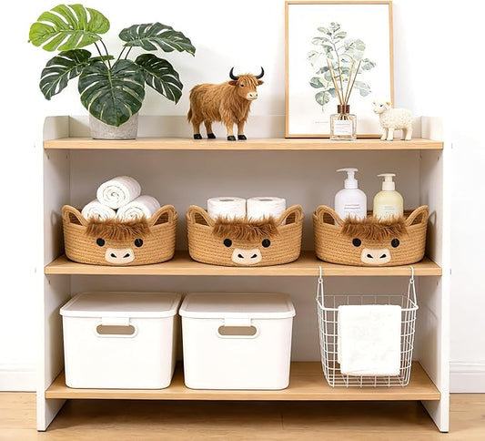 3 Pcs Oval Highland Cute Cow Basket for Nursery, Small Woven Rope Gift Basket, Soft Cotton Decorative Storage for Gifts Empty, Baby Shower Blanket 0rganizer Shelves Towel Bins, 12" D x 5" H