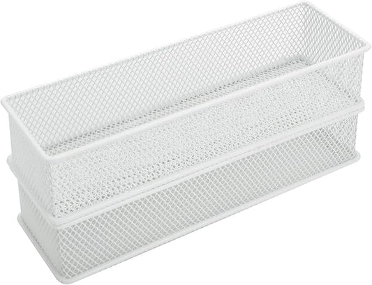 Annova Mesh Stackable Drawer Cabinet and Shelf Organizer Bins Storage Basket School Office Supply Holder Tray- Set of 2 (White, 3x9x2 Inch)