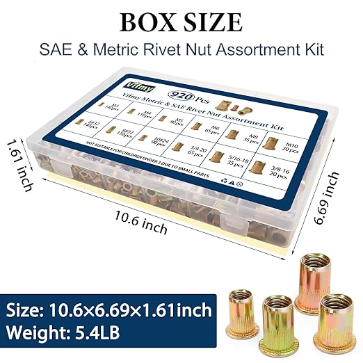 Metric & SAE Rivet Nut Assortment Kit(920 Pcs), M3 M4 M5 M6 M8 M10#6-32#8-32#10-24 1/4"-20 5/16"-18 3/8"-16 UNC Flat Head Rivnut Set, Zinc Plated Finish Carbon Steel Nutsert