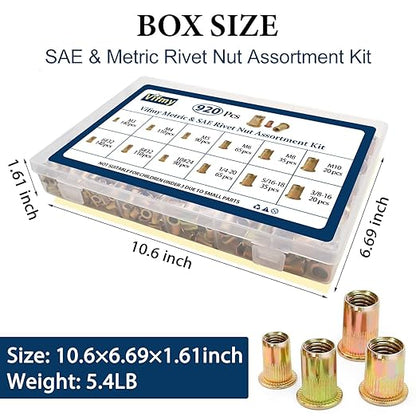 Metric & SAE Rivet Nut Assortment Kit(920 Pcs), M3 M4 M5 M6 M8 M10#6-32#8-32#10-24 1/4"-20 5/16"-18 3/8"-16 UNC Flat Head Rivnut Set, Zinc Plated Finish Carbon Steel Nutsert