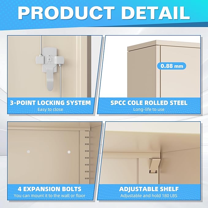 Bonusall Mental Garage Cabinets with 2 Door and 4 Shelves, Locking Cabinet with for Tool，Tall Garage Storage Cabinets for Home Office, Warehouse，School(Grey)