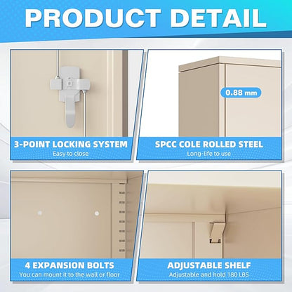 Bonusall Mental Garage Cabinets with 2 Door and 4 Shelves, Locking Cabinet with for Tool，Tall Garage Storage Cabinets for Home Office, Warehouse，School(Grey)