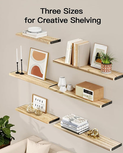AMADA HOMEFURNISHING Long Wall Shelves, Rustic Farmhouse Style, Wood Floating Shelves for Wall Decor, Bathroom & Bedroom Storage, Living Room Book Shelves, 6pcs