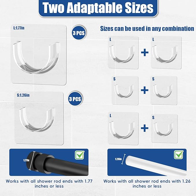6 Pack Shower Rod Holder with Strong Adhesive, Sleek Shower Curtain Rod Holder for Wall, Clear Tension Curtain Rod Bracket No Drilling(Rod not Included)