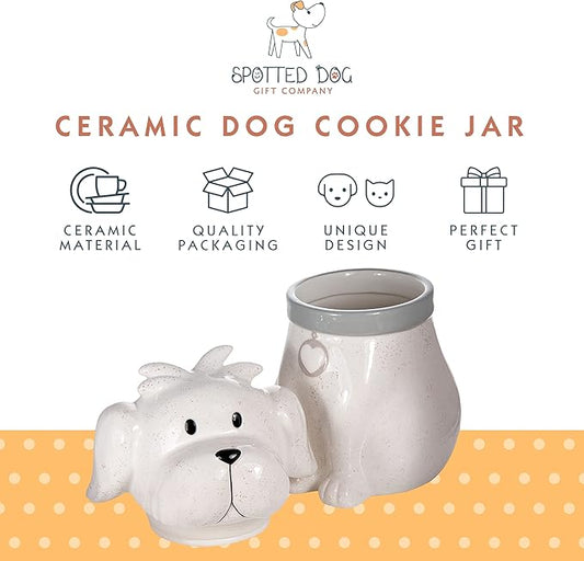 SPOTTED DOG GIFT COMPANY Ceramic Cookie Jar with Lid, Large Dog Treat Jar for Cookies & Biscuits, Cute Novelty Storage Container for Kitchen Counter, Gifts for Dog Lovers - 49oz White