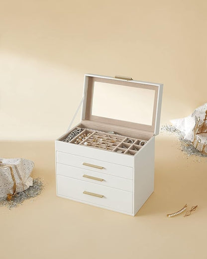 SONGMICS GISELLA Collection - Jewelry Box Organizer, 4-Layer Jewelry Storage with 3 Drawers, Shiny Metal Hardware, Glass Lid, Modern, 6 x 9.9 x 8.5 Inches, Cloud White and Gold Color UJBC161W01