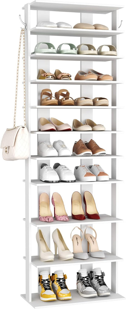HOMEFORT 10-Tier Corner Shoe Tower - Double Rows, Slim Shoe Stand for 20 Pairs - Entryway, Hallway, Closet (White)