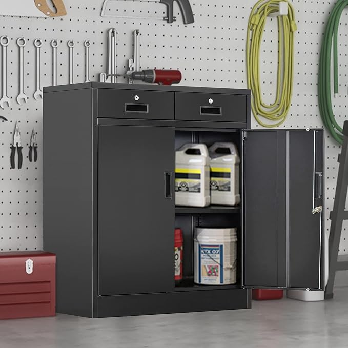 CMY Metal Storage Cabinet, Locking Storage Cabinet with Two Drawers, 36" H Steel Cabinets with Adjustable Shelf for Office, Garage, Home-Black