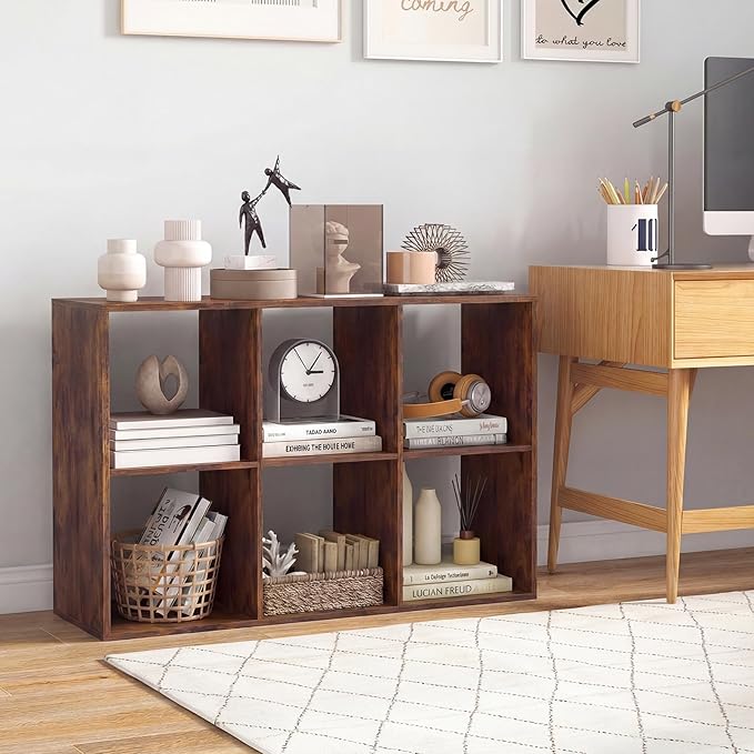 Giantex 6-Cube Bookcase, Cubby Bookshelf w/Back Guardrail & Anti-Tipping Kits, 9-Tier Freestanding Storage Organizer with Shelves, Open Back Display Rack for Living Room, Bedroom, Study, Rustic Brown