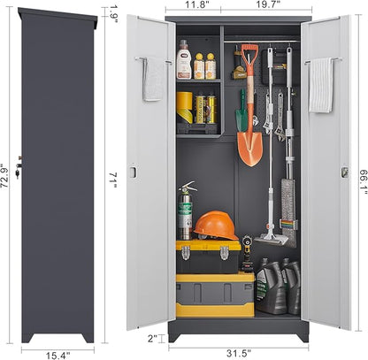 73''H Metal Outdoor Storage Cabinet, Garage Storage Cabinets with Shelves & Lockable Doors, Broom Cabinets for Cleaning Supplies, Waterproof Storage Shed for Garden, Porch（15.4" D x 31.5" W ）