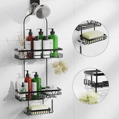 Shower Caddy Hanging, Anti-Swing Over Head Shower Caddy, Rustproof Bathroom Organizer with Soap Holder & Hooks