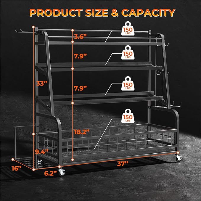 Dumbbell Rack Weight Stand - 4-Tier Adjustable Weight Rack for Dumbbells, Home Gym Storage Rack for Yoga Mat Foam Roller Kettlebells, Workout Equipment Storage Organizer With Wheels and Hooks