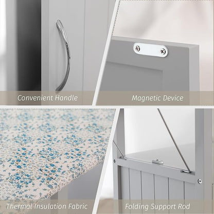 Ironing Board with Storage Cabinet, Folding Ironing Board with Extra Storage, Solid Wood Fold Down Ironing Station with Heat-Resistant Sponge for Small Spaces, Laundry Room (Brown Grey)