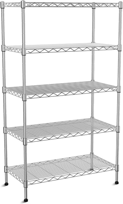 5-Tier Heavy Duty Metal Shelf,Chrome Wire Shelving Unit 35" Wx18 Dx71 H,Height Adjustable Storage Wire Shelves with Lockable Wheels for Garage,Kitchen,Office,Bathroom,Studio
