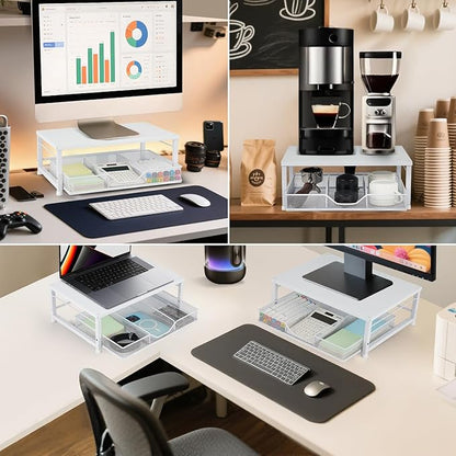 Small Laptop Stand for Desk, Monitor Stand Riser, Office Desk Accessories, Computer Desktop Stand with Drawer for Home, Office, School (White)