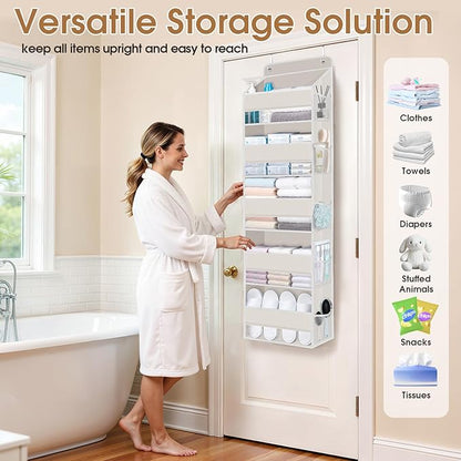 WISELIFE Over The Door Organizer Storage with 5 Large Pockets Door Hanging Organizer with Clear Windows behind The Door Storage for Nursery Bedroom Bathroom Pantry Closet and Baby Essentials Beige