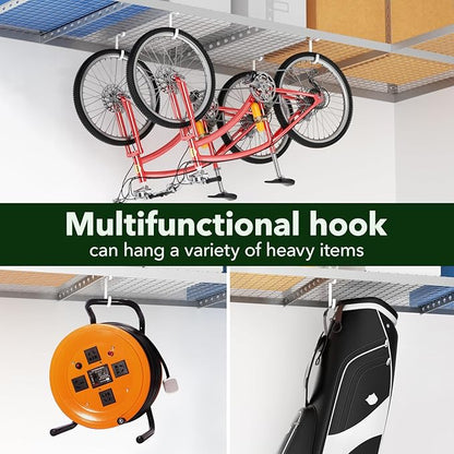 Thickened Hooks for Overhead Storage Racks,Garage Hooks for Ceiling,Add-On Storage Hook for Garage Ceiling Rack Wall Shelving,Heavy Duty Hanging Bike Hooks, Bike Hangers Bicycle Hooks 4 Pack, White