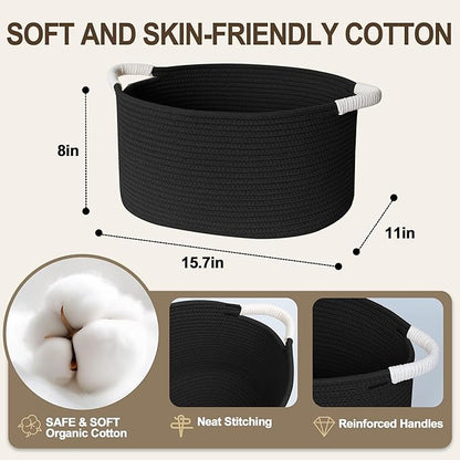 Woven Dog Toy Basket, 15.7"x11"x8" Cotton Rope Dog Toy Bin Box for Living Room, Decorative Cat Pet Supplies Puppy Bin with Handles, Soft Cat Toy Basket Organizer, Wicker Storage Holder, Black