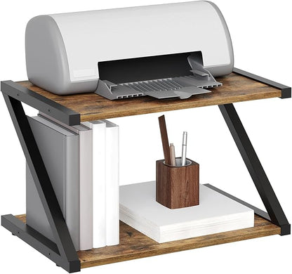 Desktop Printer Stand, 2-Tier Printer Table with Storage Shelf, Under Desk Printer Stand for Office, Open Organizer Shelf, Easy Assembly, Rustic Brown PS02BR