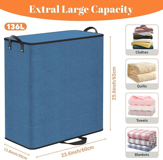 Large Double Laundry Hamper with Lid, Removable Bags & Reinforced Handles, 2 Section Tall Laundry Basket, Dirty Clothes Hampers for Laundry Room, Bedroom, Bathroom, Dorm, 136L, Blue