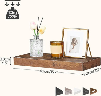 HOOBRO Floating Shelves for Wall, Wall Mounted Shelf Set of 2, 15.7" Hanging Shelf with Invisible Brackets, for Wall in Bathroom, Bedroom, Toilet, Kitchen, Living Room, Office, Rustic Brown BF40BJ01