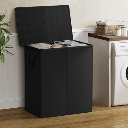 Chrislley 160L Laundry Hamper 2 Section, Double Laundry Basket with Lid, Large Dirty Clothes Hamper with Removable Liner Bags, Collapsible Laundry Organizer for Bedroom, Dorm,Black