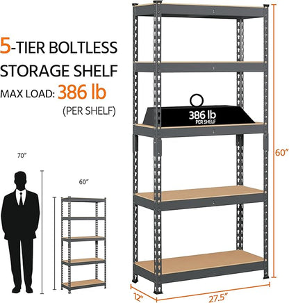 Topeakmart 5-Tier Utility Shelves, Metal Storage Shelves, Adjustable Shelving Units, Boltless Assembly, Garage Shelves Shed Shelving for Warehouse Garage Shed Basement- Dark Gray, 27.5 x 12x 60 Inch