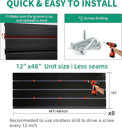 Slatwall Panel Garage Slat Wall Storage Systems with 15 Slatwall Accessories, 4'x8' Black Slat Wall Paneling for Retail Display, Garage Tool Storage, Guitar Shop, Home Storage