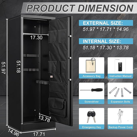 Marcree 8-12 Gun Safe for Rifles and Shotguns, Large Digital Rifle Cabinet with Dual Alarm System, Shotgun Safe with Removable Shelf, Mute Function, Pistol Bag, LED Light, Assemble Required